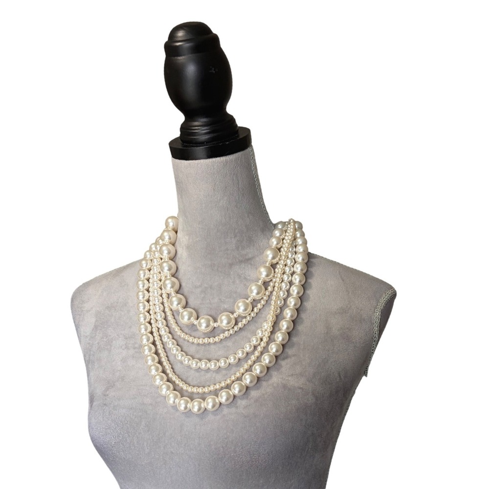 NEW New York & Company Faux Pearl Multi Strand Layered Statement Necklace White